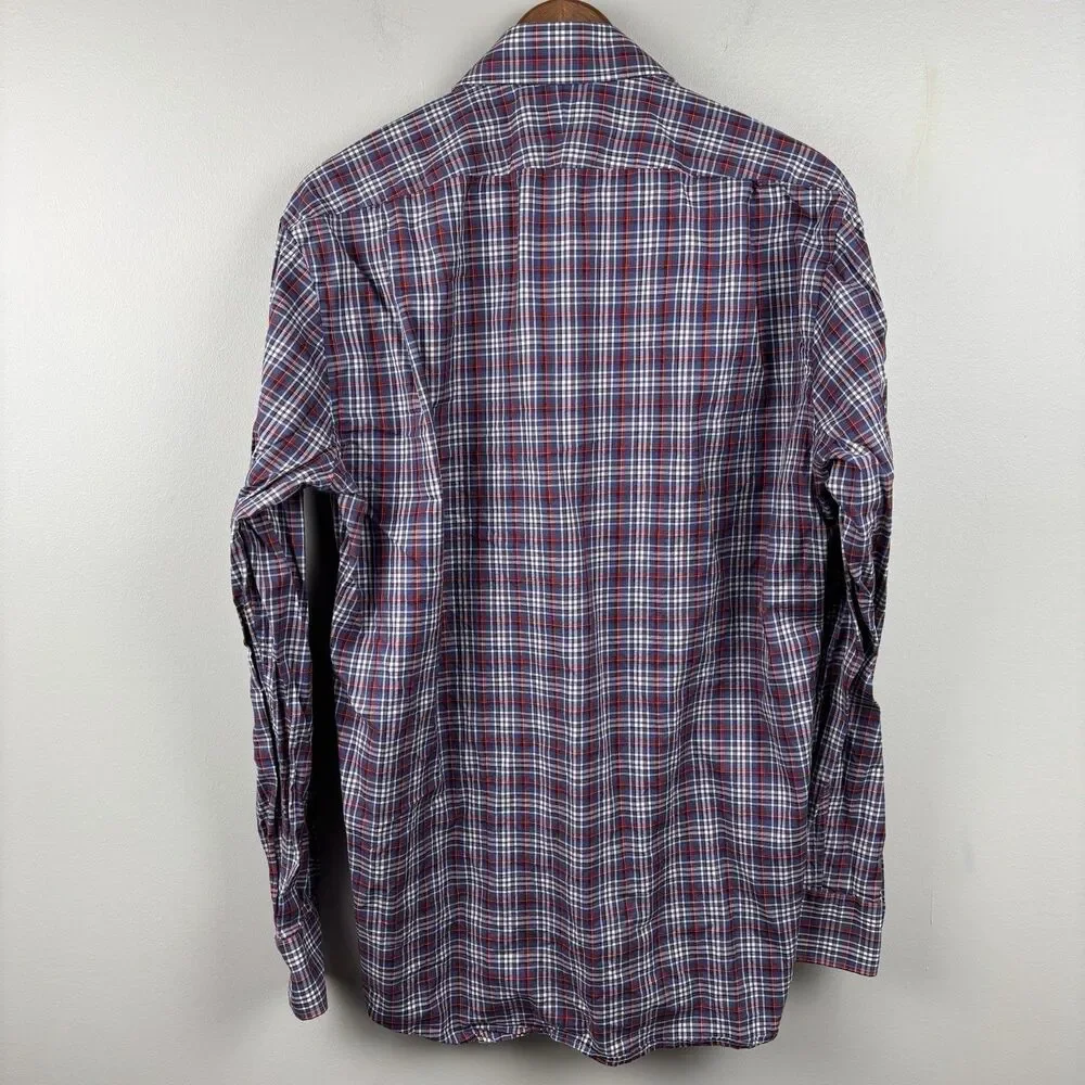 Peter Millar Button Up Shirt men’s Large blue Red White Plaid Long Sleeve Casual
